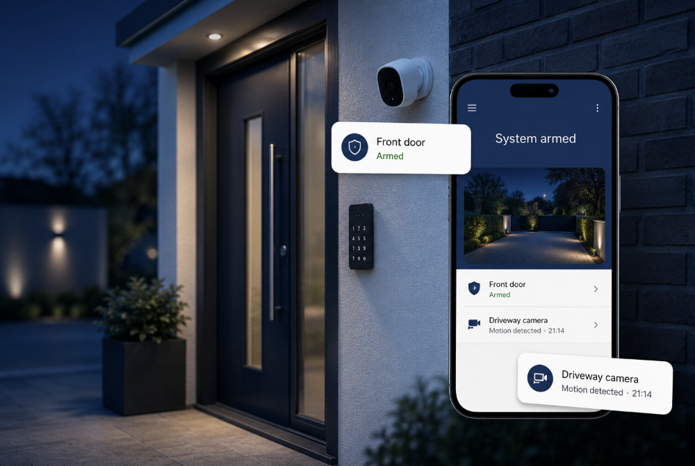 A home entrance at dusk with a security camera and door keypad fitted, and a phone showing the alarm system armed